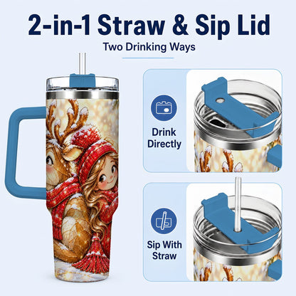 #pl[40oz|Blue] Christmas Reindeer 40oz Tumbler with Handle, Winter Girl Artwork