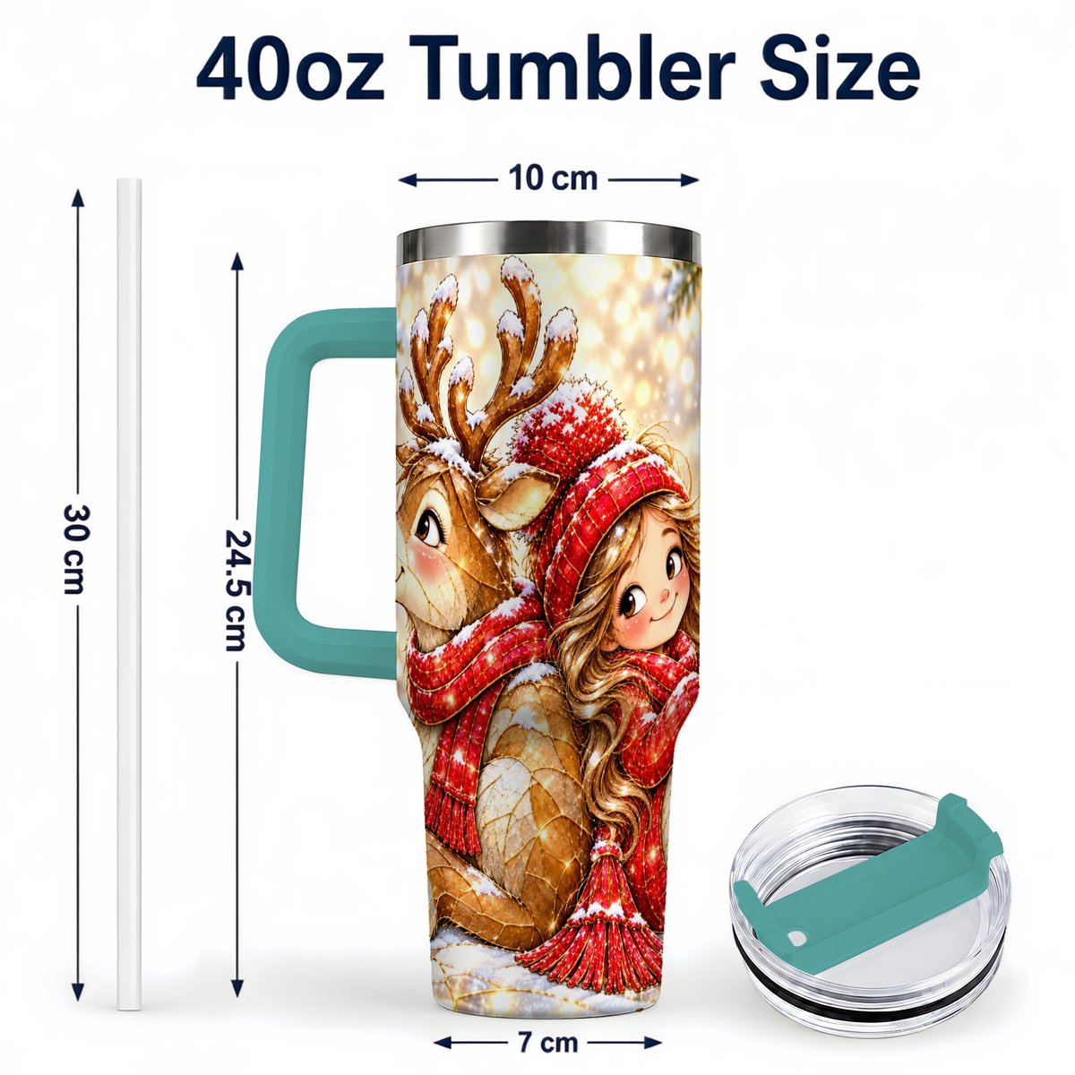#pl[40oz|Green] Christmas Reindeer 40oz Tumbler with Handle, Winter Girl Artwork