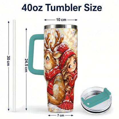 #pl[40oz|Green] Christmas Reindeer 40oz Tumbler with Handle, Winter Girl Artwork