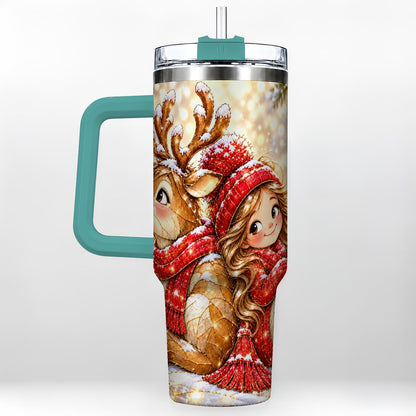 #pl[40oz|Green] Christmas Reindeer 40oz Tumbler with Handle, Winter Girl Artwork