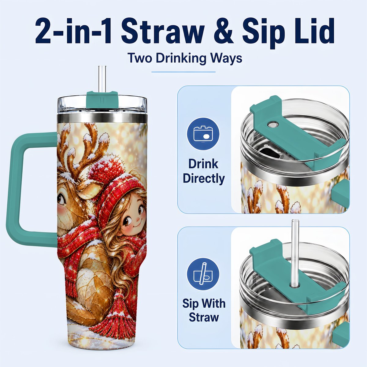 #pl[40oz|Green] Christmas Reindeer 40oz Tumbler with Handle, Winter Girl Artwork