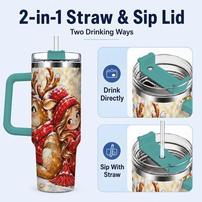 #pl[40oz|Green] Christmas Reindeer 40oz Tumbler with Handle, Winter Girl Artwork