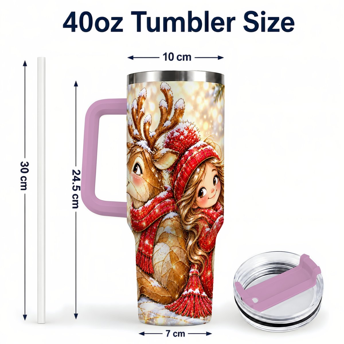#pl[40oz|Pink] Christmas Reindeer 40oz Tumbler with Handle, Winter Girl Artwork