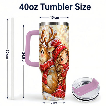 #pl[40oz|Pink] Christmas Reindeer 40oz Tumbler with Handle, Winter Girl Artwork