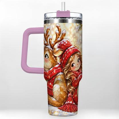 #pl[40oz|Pink] Christmas Reindeer 40oz Tumbler with Handle, Winter Girl Artwork
