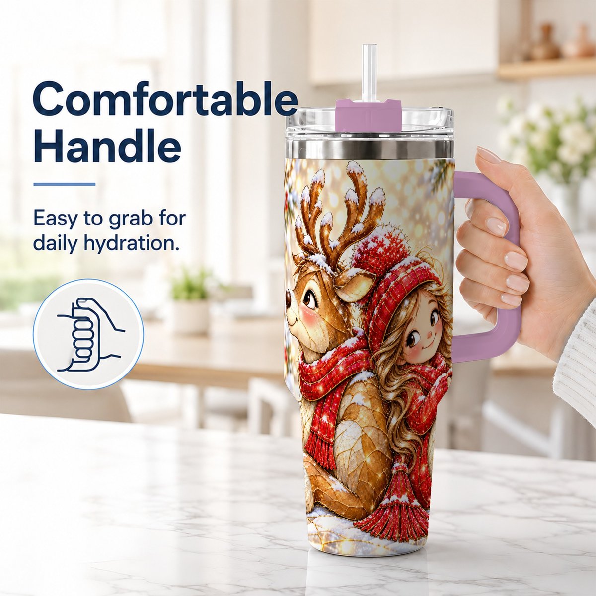 #pl[40oz|Pink] Christmas Reindeer 40oz Tumbler with Handle, Winter Girl Artwork