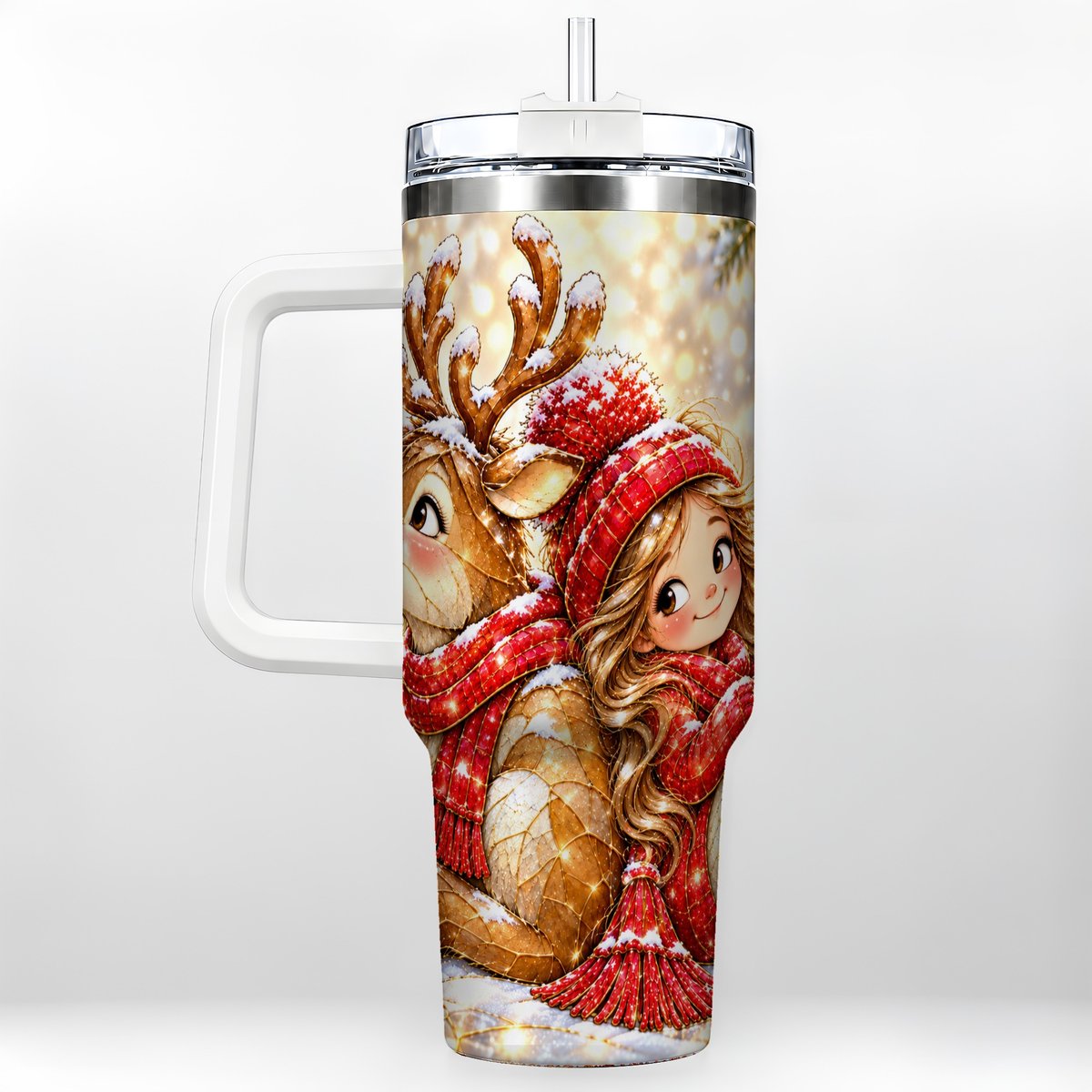 Christmas Reindeer 40oz Tumbler with Handle, Winter Girl Artwork