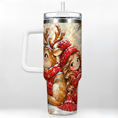 Christmas Reindeer 40oz Tumbler with Handle, Winter Girl Artwork