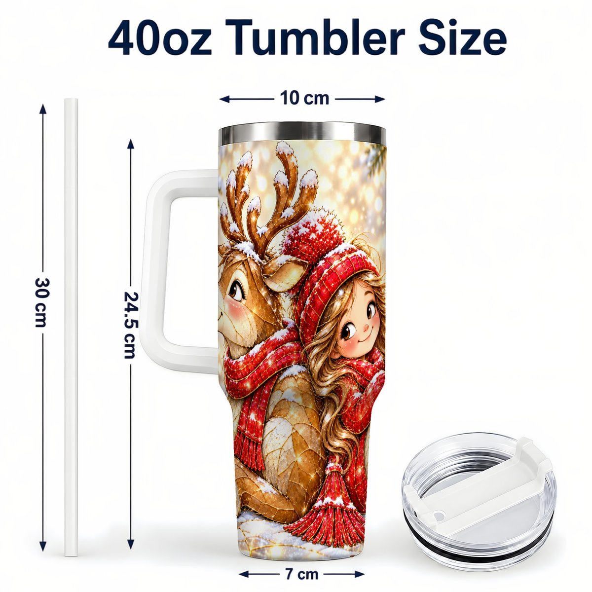 #pl[40oz|White] Christmas Reindeer 40oz Tumbler with Handle, Winter Girl Artwork