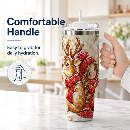 #pl[40oz|White] Christmas Reindeer 40oz Tumbler with Handle, Winter Girl Artwork