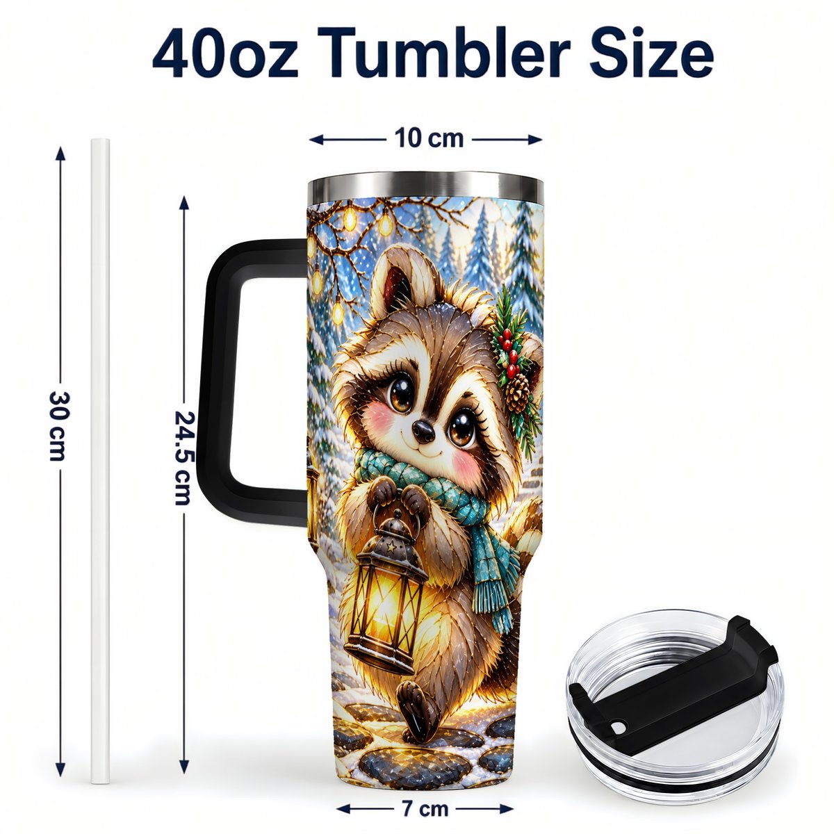#pl[40oz|Black] Christmas Raccoon 40oz Tumbler with Handle, Snowy Forest Design