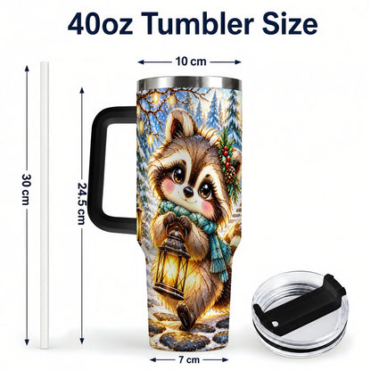 #pl[40oz|Black] Christmas Raccoon 40oz Tumbler with Handle, Snowy Forest Design