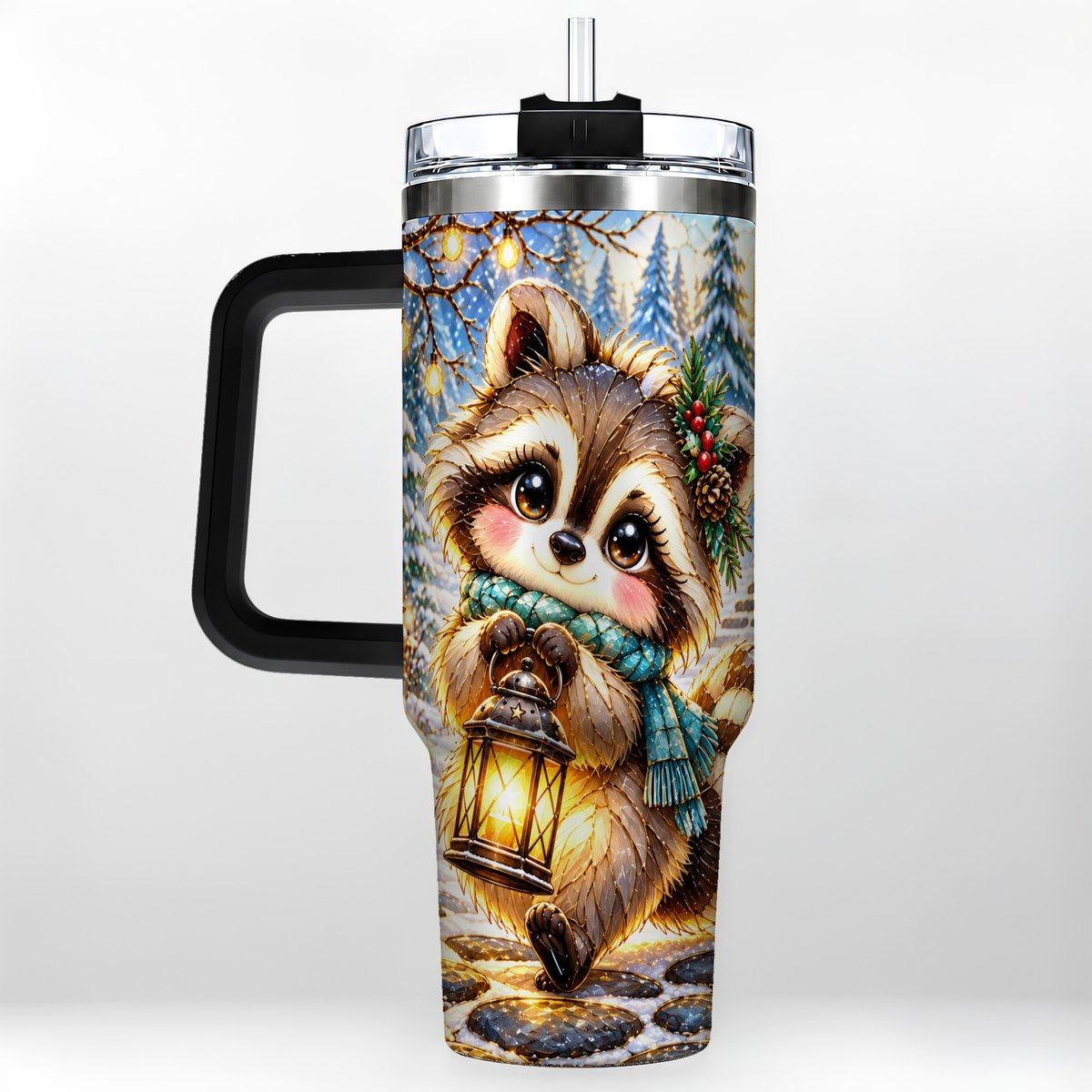 #pl[40oz|Black] Christmas Raccoon 40oz Tumbler with Handle, Snowy Forest Design