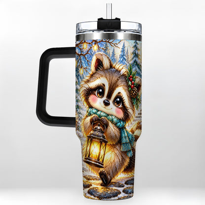 #pl[40oz|Black] Christmas Raccoon 40oz Tumbler with Handle, Snowy Forest Design