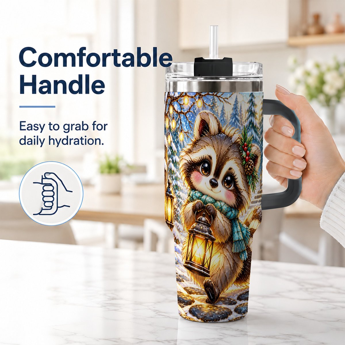 #pl[40oz|Black] Christmas Raccoon 40oz Tumbler with Handle, Snowy Forest Design