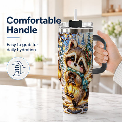 #pl[40oz|Black] Christmas Raccoon 40oz Tumbler with Handle, Snowy Forest Design