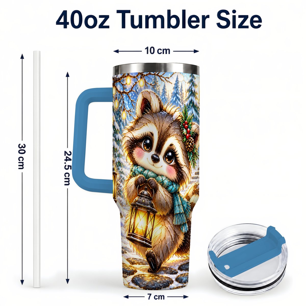 #pl[40oz|Blue] Christmas Raccoon 40oz Tumbler with Handle, Snowy Forest Design