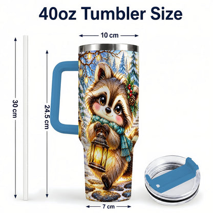 #pl[40oz|Blue] Christmas Raccoon 40oz Tumbler with Handle, Snowy Forest Design