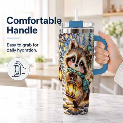 #pl[40oz|Blue] Christmas Raccoon 40oz Tumbler with Handle, Snowy Forest Design