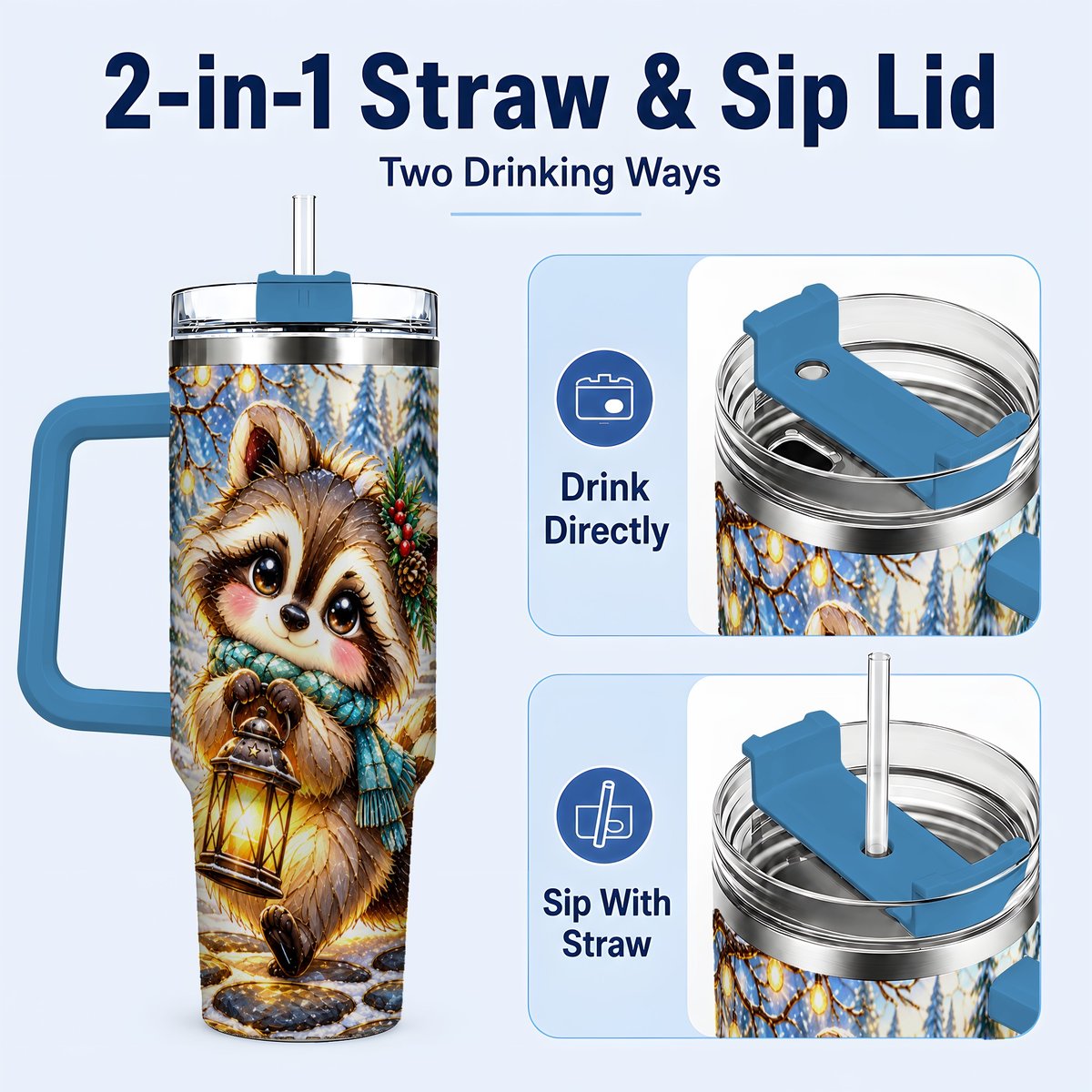 #pl[40oz|Blue] Christmas Raccoon 40oz Tumbler with Handle, Snowy Forest Design