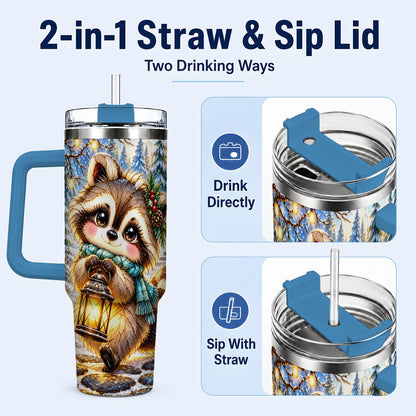 #pl[40oz|Blue] Christmas Raccoon 40oz Tumbler with Handle, Snowy Forest Design