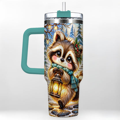 #pl[40oz|Green] Christmas Raccoon 40oz Tumbler with Handle, Snowy Forest Design