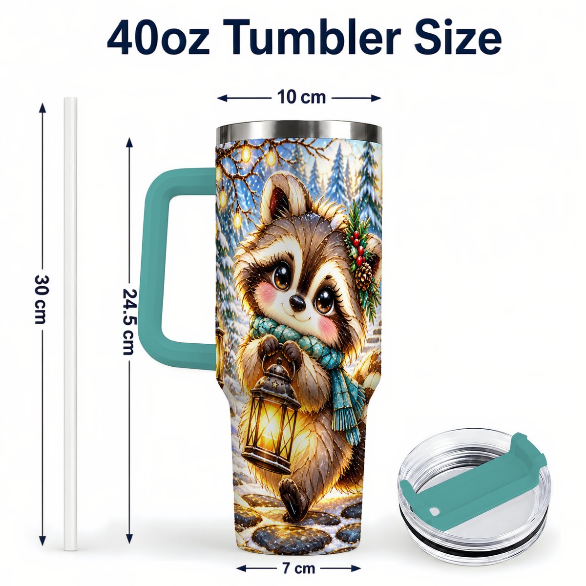 #pl[40oz|Green] Christmas Raccoon 40oz Tumbler with Handle, Snowy Forest Design