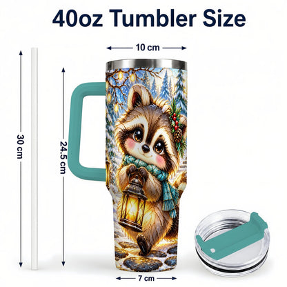 #pl[40oz|Green] Christmas Raccoon 40oz Tumbler with Handle, Snowy Forest Design