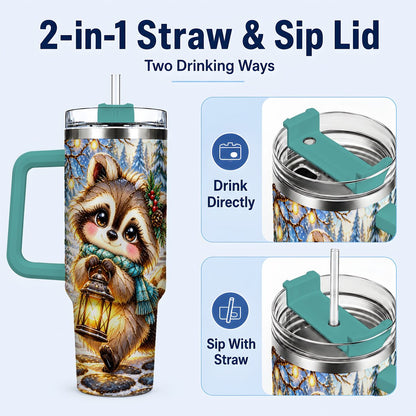 #pl[40oz|Green] Christmas Raccoon 40oz Tumbler with Handle, Snowy Forest Design