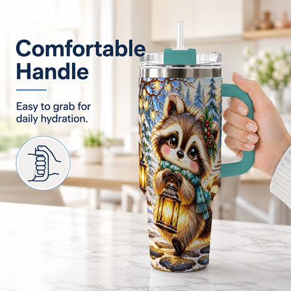 #pl[40oz|Green] Christmas Raccoon 40oz Tumbler with Handle, Snowy Forest Design
