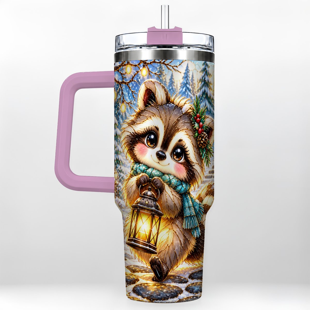 #pl[40oz|Pink] Christmas Raccoon 40oz Tumbler with Handle, Snowy Forest Design