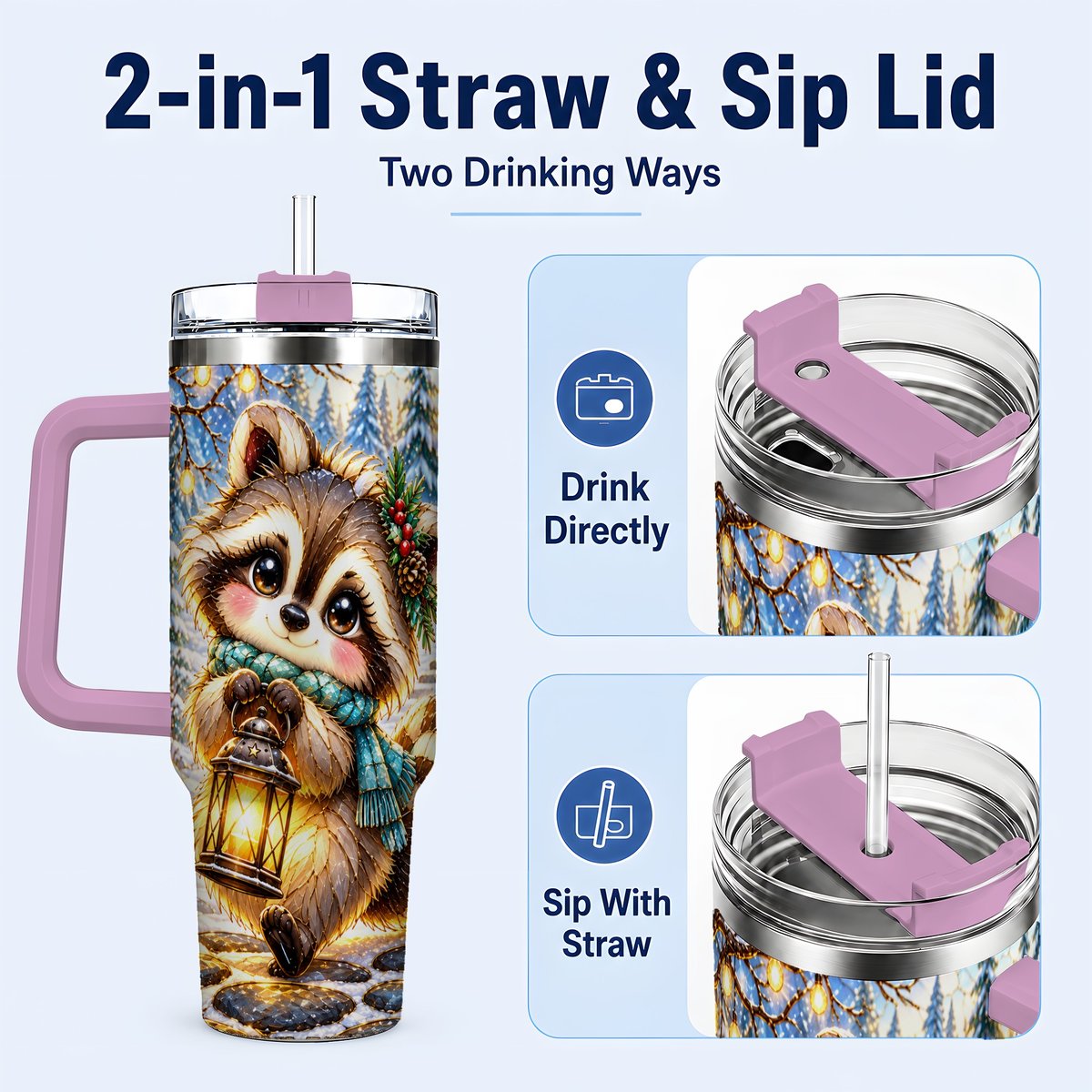 #pl[40oz|Pink] Christmas Raccoon 40oz Tumbler with Handle, Snowy Forest Design
