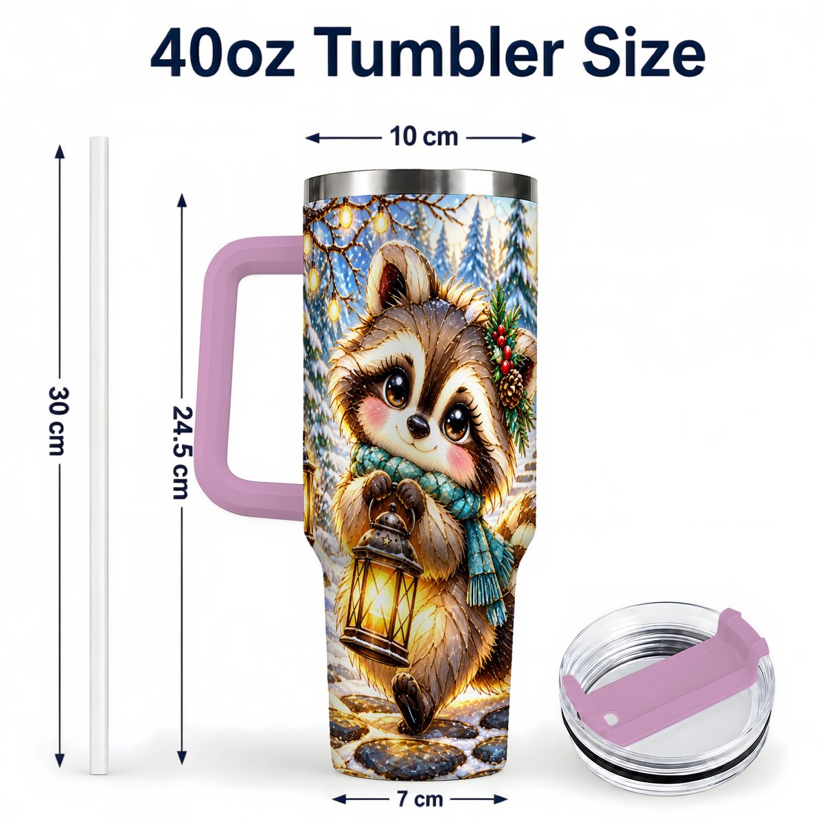 #pl[40oz|Pink] Christmas Raccoon 40oz Tumbler with Handle, Snowy Forest Design