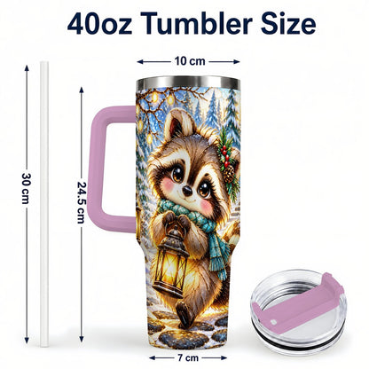 #pl[40oz|Pink] Christmas Raccoon 40oz Tumbler with Handle, Snowy Forest Design