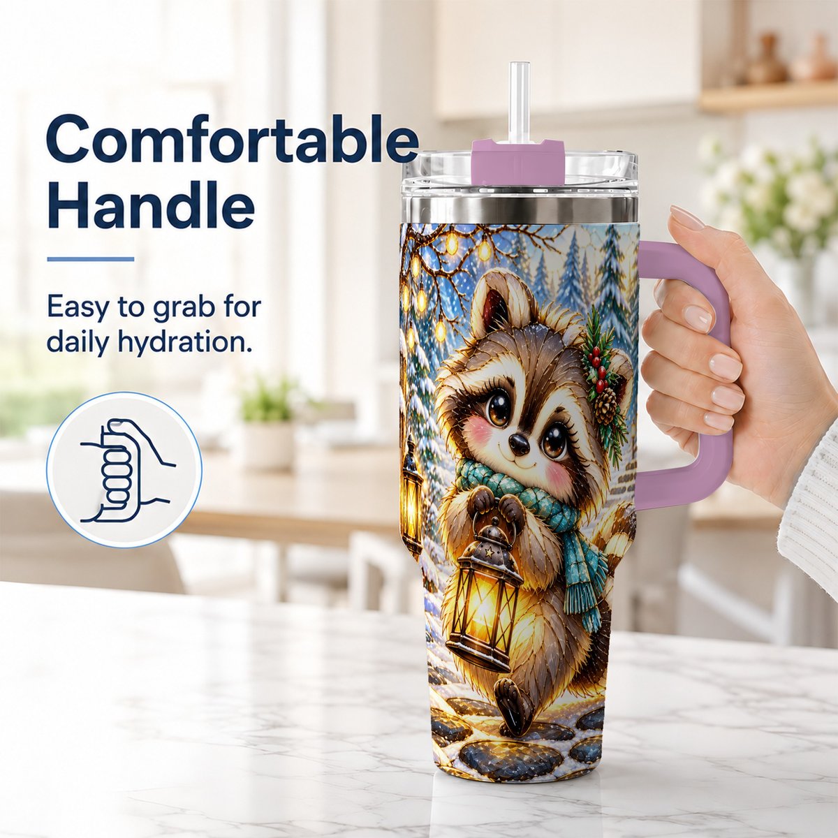 #pl[40oz|Pink] Christmas Raccoon 40oz Tumbler with Handle, Snowy Forest Design