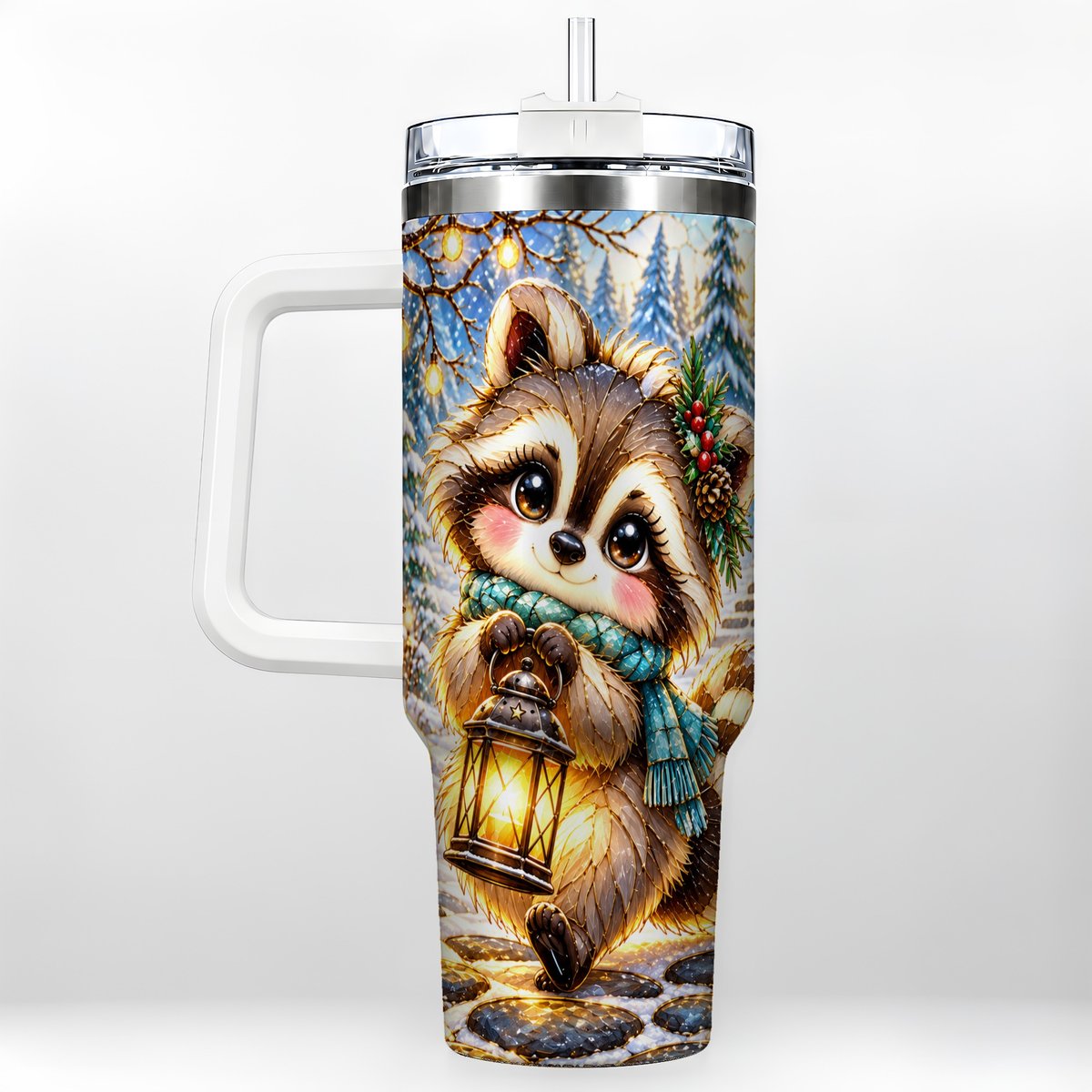 Christmas Raccoon 40oz Tumbler with Handle, Snowy Forest Design