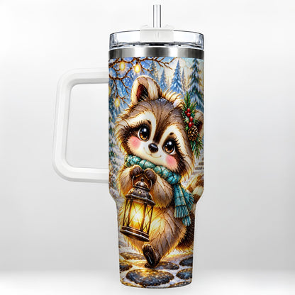 Christmas Raccoon 40oz Tumbler with Handle, Snowy Forest Design