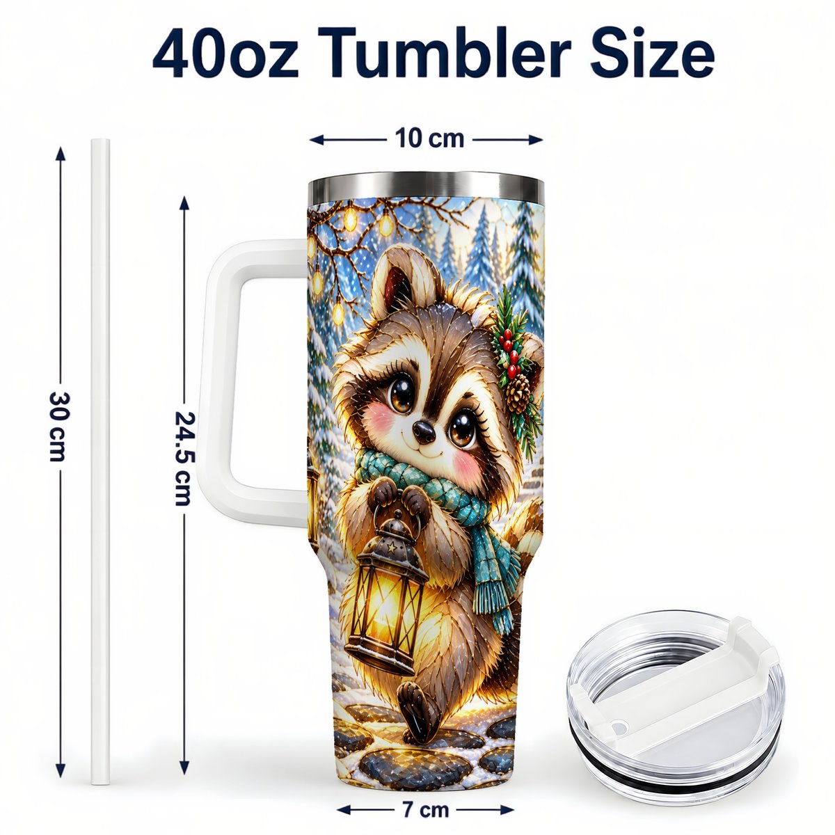#pl[40oz|White] Christmas Raccoon 40oz Tumbler with Handle, Snowy Forest Design