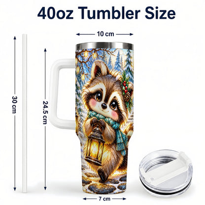 #pl[40oz|White] Christmas Raccoon 40oz Tumbler with Handle, Snowy Forest Design