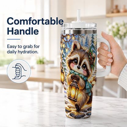 #pl[40oz|White] Christmas Raccoon 40oz Tumbler with Handle, Snowy Forest Design