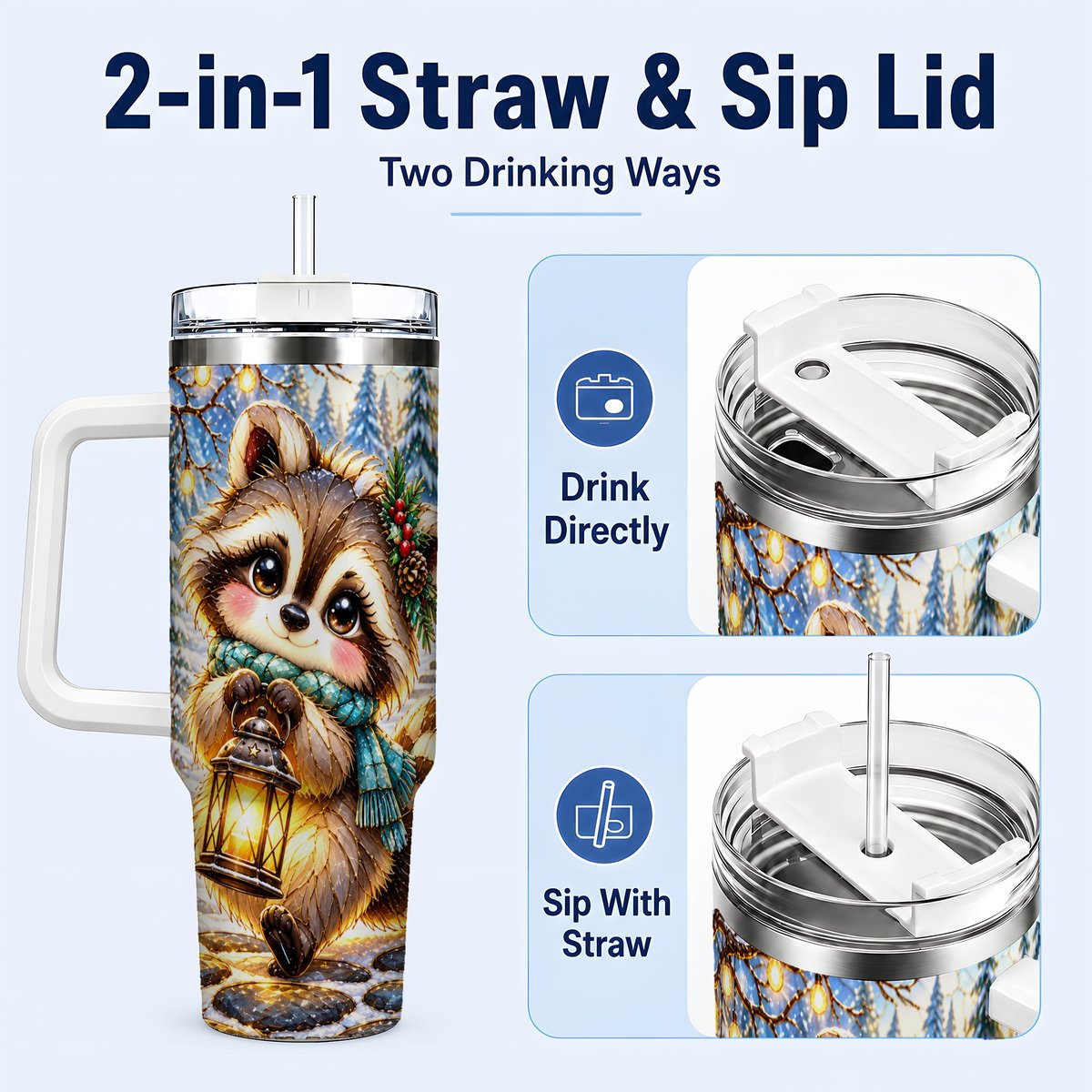 #pl[40oz|White] Christmas Raccoon 40oz Tumbler with Handle, Snowy Forest Design