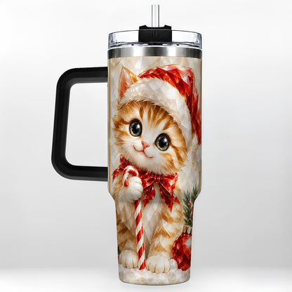#pl[40oz|Black] Santa Hat Kitten 40oz Tumbler with Handle, Christmas Cat Artwork