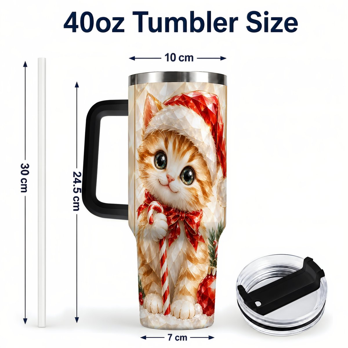 #pl[40oz|Black] Santa Hat Kitten 40oz Tumbler with Handle, Christmas Cat Artwork
