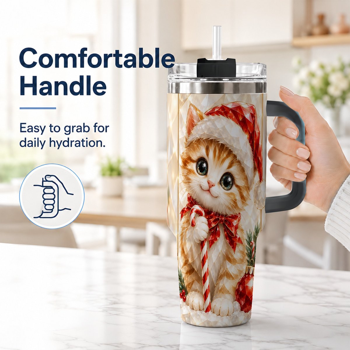 #pl[40oz|Black] Santa Hat Kitten 40oz Tumbler with Handle, Christmas Cat Artwork