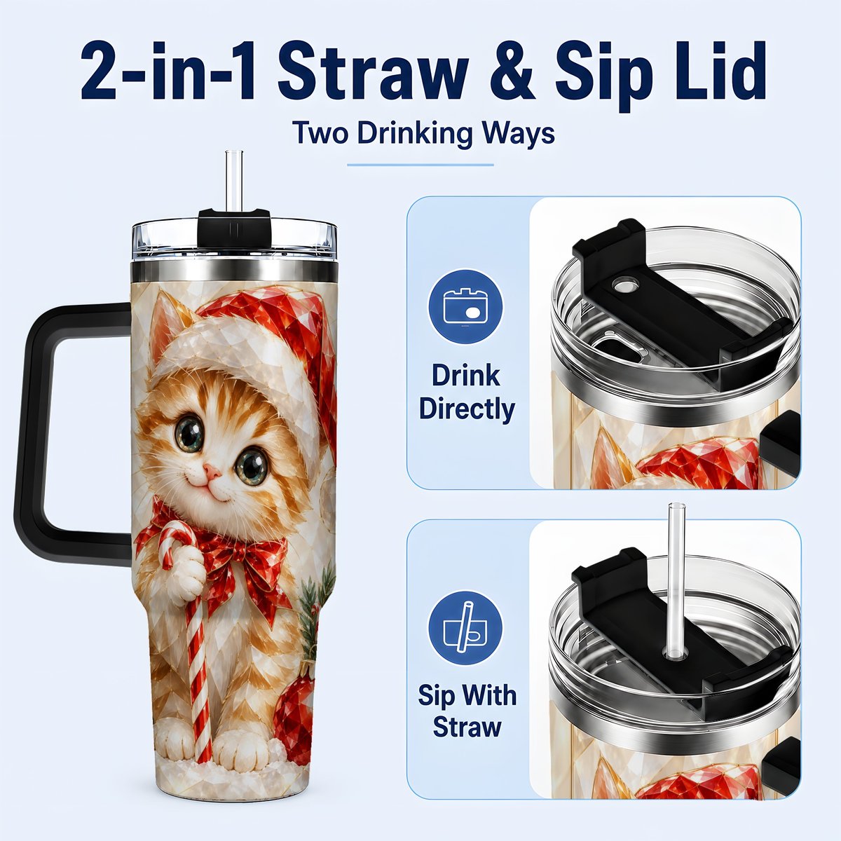 #pl[40oz|Black] Santa Hat Kitten 40oz Tumbler with Handle, Christmas Cat Artwork