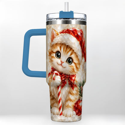 #pl[40oz|Blue] Santa Hat Kitten 40oz Tumbler with Handle, Christmas Cat Artwork