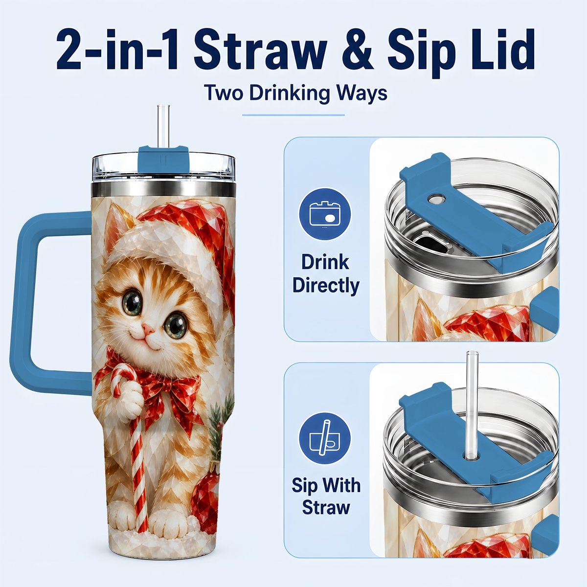 #pl[40oz|Blue] Santa Hat Kitten 40oz Tumbler with Handle, Christmas Cat Artwork