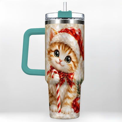 #pl[40oz|Green] Santa Hat Kitten 40oz Tumbler with Handle, Christmas Cat Artwork