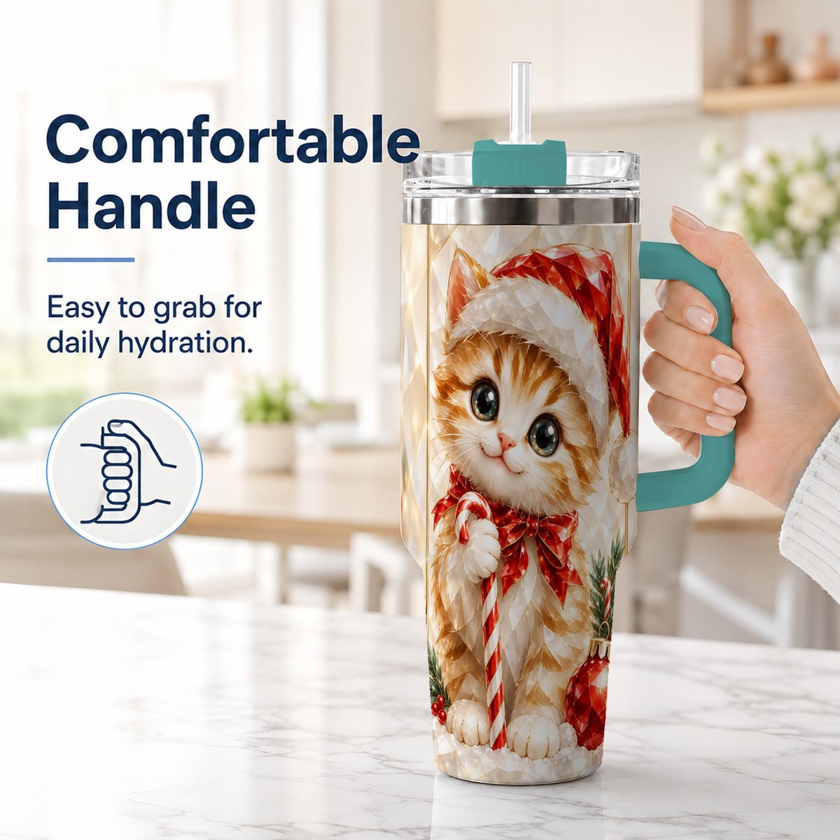 #pl[40oz|Green] Santa Hat Kitten 40oz Tumbler with Handle, Christmas Cat Artwork