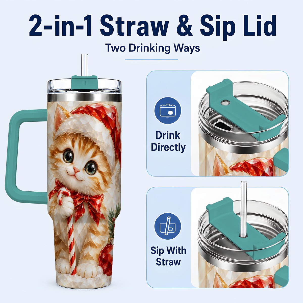 #pl[40oz|Green] Santa Hat Kitten 40oz Tumbler with Handle, Christmas Cat Artwork
